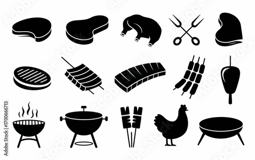 Vector art of barbecue and meat icons in black color, vector
