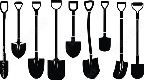 Shovel silhouette vector set, gardening tools illustration, spade and digging equipment design, farming and construction shovel collection, black tool shapes artwork