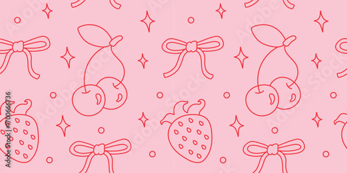 Cute coquette bows and berries seamless pattern. Trendy vintage girlish background. Line vector illustration.