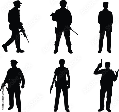 Silhouette collection of six armed soldiers and police officers with guns, standing, walking, and posing in action, vector illustration for security design