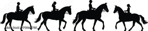 Silhouette horse riders vector illustration, horseback riding people, equestrian sport activity, black horse and rider design, outdoor riding silhouette clipart