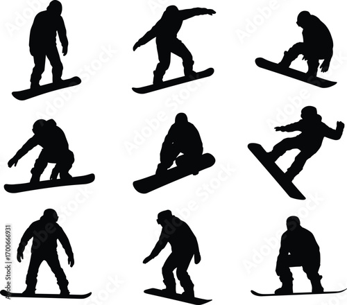  Silhouette illustration of snowboarders performing tricks and riding, extreme winter sports athletes on snowboards in various poses, snowboarding action vector design isolated