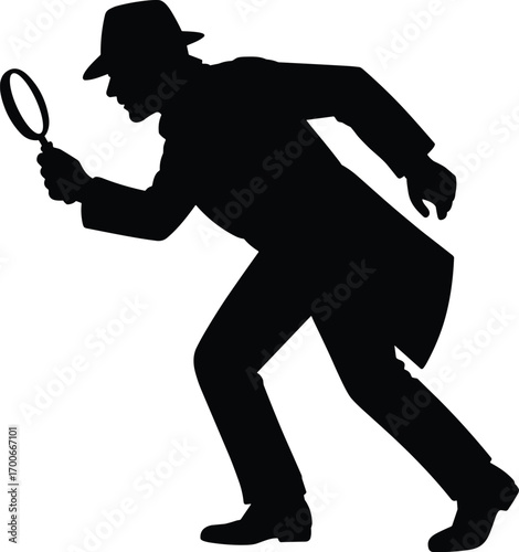 Silhouette vector illustration of detective man with magnifying glass, mystery investigator searching for clues, private investigator character concept for crime, investigation, secret cases