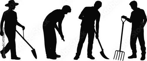 Silhouette vector illustration of farmers working with garden tools, agricultural labor men digging, raking, and cultivating soil for farming, gardening, agriculture themes