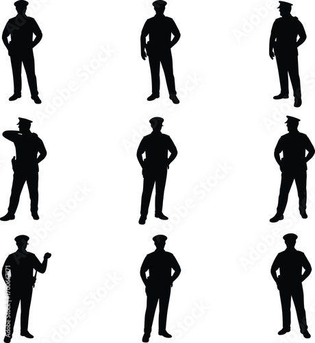 Silhouette vector illustration of multiple police officers standing in various poses wearing uniform, authority figure design for law enforcement, security, and justice
