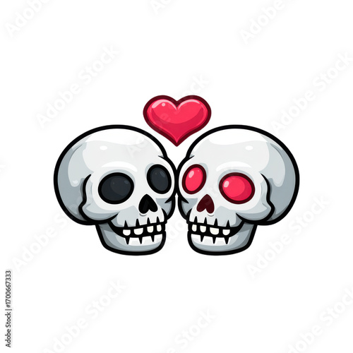 Two skulls with a heart in the middle