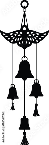 Wind chime silhouette vector, hanging bell design, decorative bird ornament, spiritual home decor artwork, meditation accessory clipart, feng shui element, traditional cultural decoration illustration