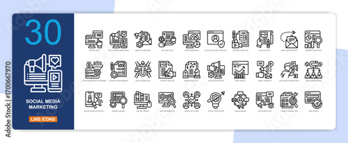 Social Media Marketing icon collection line style. digital marketing, SEO, online advertising, content, social media. Vector illustration