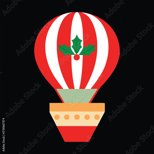 Hot Air Balloon Christmas Ornament with Holly Pattern Vector