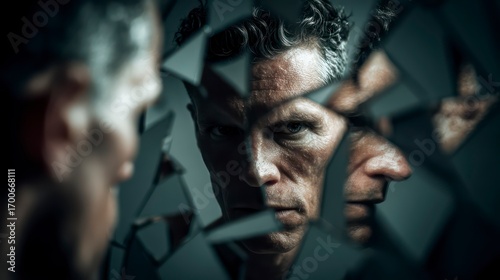 Moody portrait of a man with sculpted features, surrounded by fragmented mirrors, reflections distortion