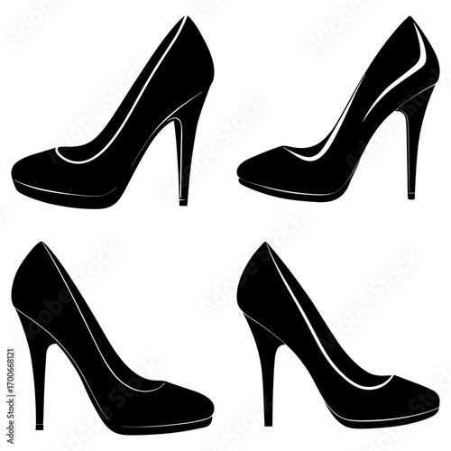 Four black high heel shoes arranged in a square pattern on a white background in a minimalist style image