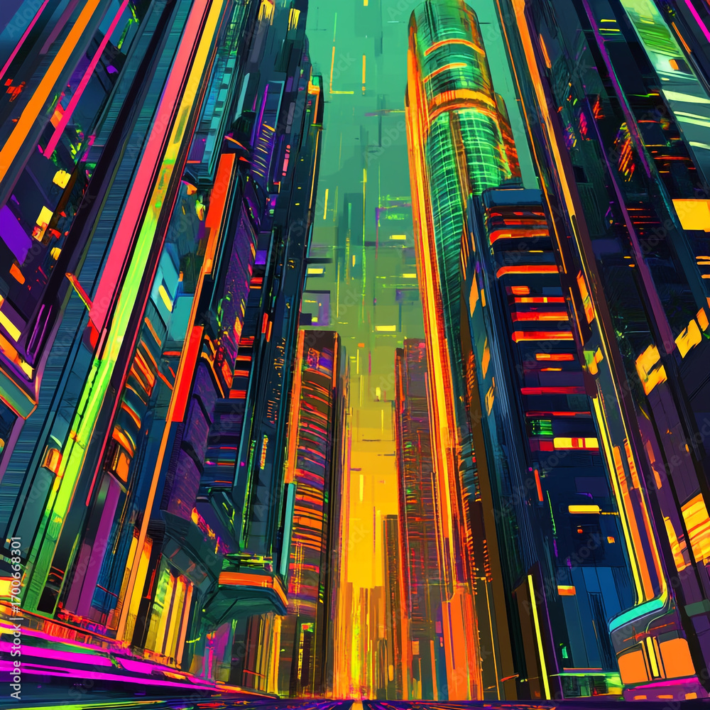 Obraz premium futuristic cityscape illustration with neon skyscrapers glowing in bold colors