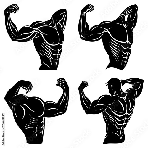 Four muscular men flexing their biceps and showing off their defined muscles in a black and white illustration