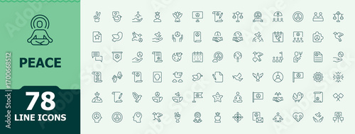 Set of Peace line icon. Contain linear symbols peaceful, faith, happy, freedom and more. Outline icons in linear style. Peaceful icon set. Editable stroke. Vector collection.