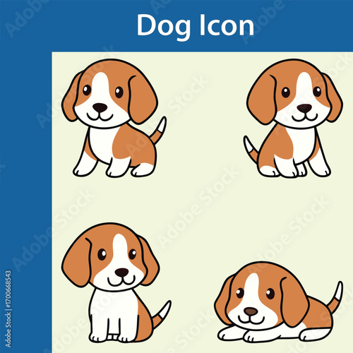 Cute cartoon beagle dog icons set showing different poses and expressions for pet lovers