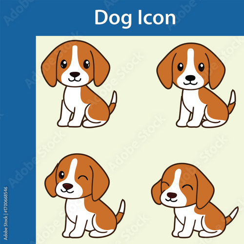 Four cute cartoon beagle dog icons with different expressions and poses