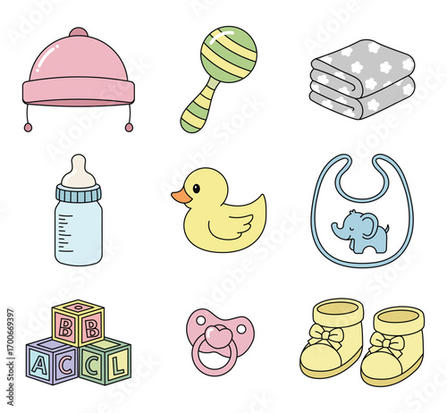 Baby Accessories Cartoon Set Flat 2D Simple Vector