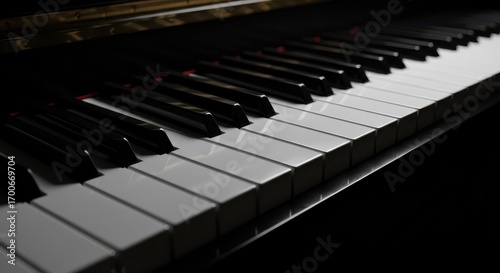 Close-up view of a piano keyboard's white and black keys, showcasing the intricate details and smooth, polished surfaces against a dark background.