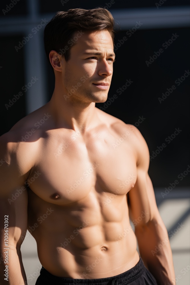 Fototapeta premium Young caucasian male outdoors in athletic pose displaying muscular physique