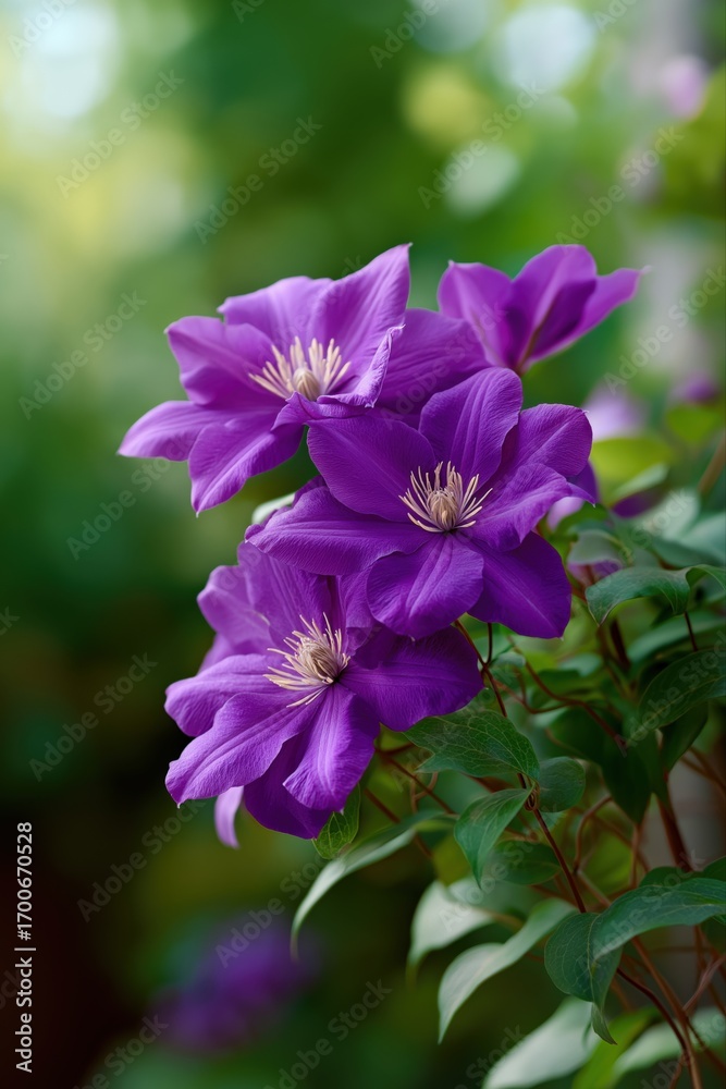 Fototapeta premium Vibrant purple clematis flowers blooming in lush green garden environment