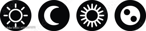 Four Contrasting Circular Icons Symbolic of Day Night Sun Moon and Duality in a Minimalist and Symbolic Representation