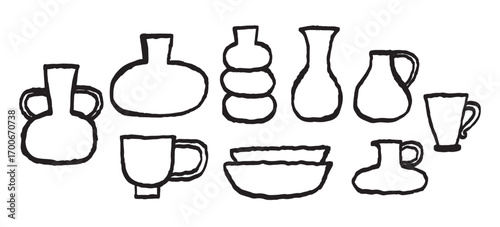 Collection of cute pottery. Ink hand drawn black line vector illustration on white background