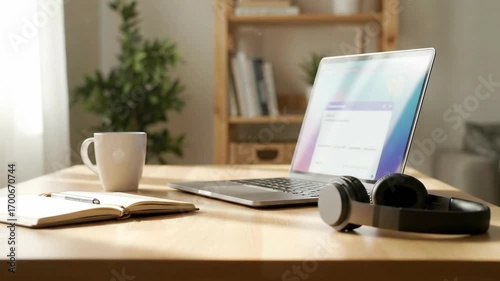 Bright modern home office with open laptop, wireless headphones, notebook and coffee mug neatly arranged on wooden desk, sunlight streaming through window