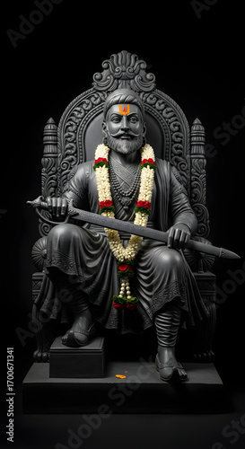 Majestic Statue of Chhatrapati Shivaji Maharaj on an Ornate Throne with a Floral Garland