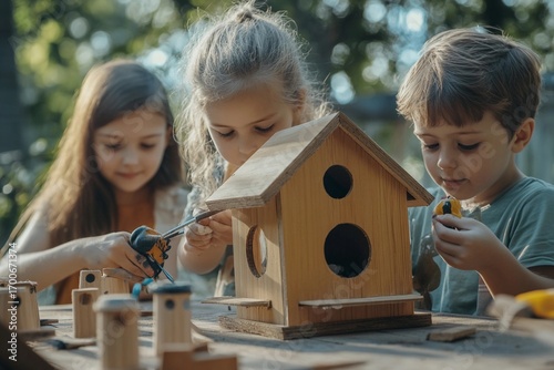 Family constructing wooden birdhouse outdoors together