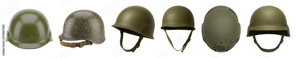 Fototapeta premium Military helmet set including various views, new, and distressed versions isolated. Army and defense equipment collection.