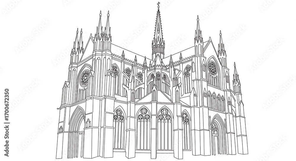 Fototapeta premium Architectural line art depicting a majestic cathedral with detailed gothic style elements