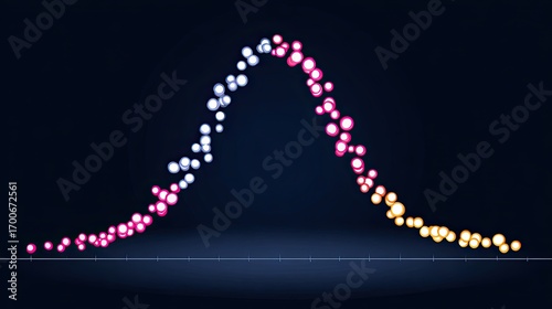 Abstract representation of a bell curve or normal distribution made of glowing particles in pink, white, and yellow, against a dark background.