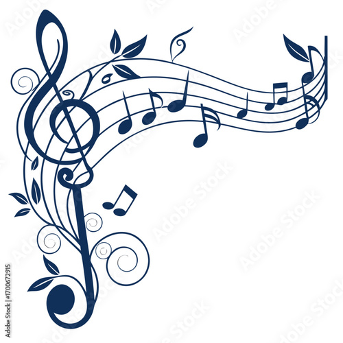 Elegant musical notes and treble clef with floral vines, abstract music design, flowing melody art on white background, decorative music illustration
