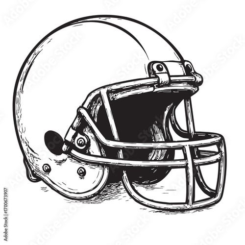 Hand drawn sketch of a classic american football helmet with a protective face mask on a white background