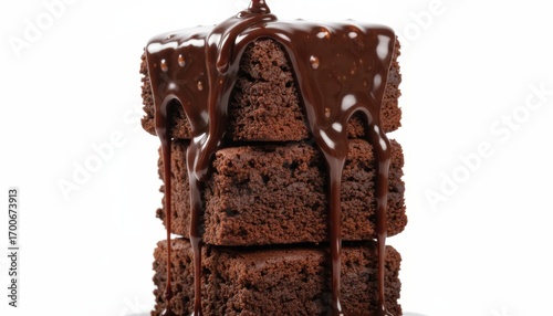 Close-up of melting chocolate dripping over stacked cubes of brownie, glossy texture, isolated on clean white background