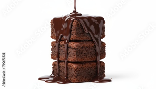 Close-up of melting chocolate dripping over stacked cubes of brownie, glossy texture, isolated on clean white background