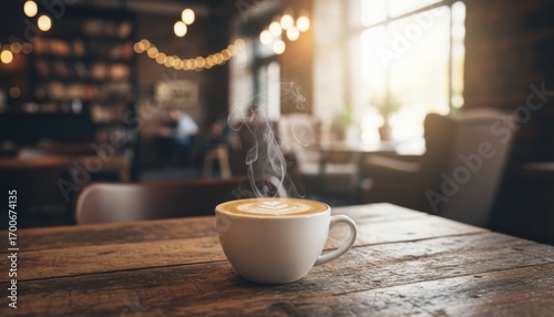 Wide shot of a steaming cup of cappuccino placed on a rustic wooden café table, blurred background with warm ambient lights and cozy coffee shop interior