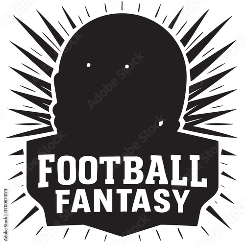 Silhouette of a football helmet with radiating lines and the words football fantasy text