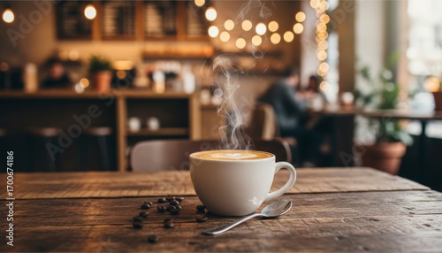 Wide shot of a steaming cup of cappuccino placed on a rustic wooden café table, blurred background with warm ambient lights and cozy coffee shop interior