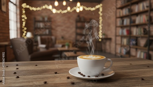 Wide shot of a steaming cup of cappuccino placed on a rustic wooden café table, blurred background with warm ambient lights and cozy coffee shop interior