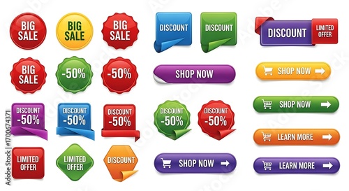 Assorted vibrant promotional badges and buttons indicating discounts and special offers