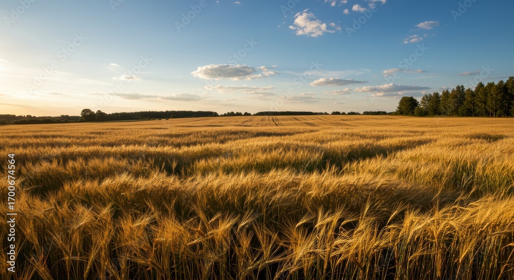 Obraz premium A vast expanse of golden wheat fields under a beautiful, late-day sky, filled with gentle clouds, showcasing a serene and peaceful rural landscape.