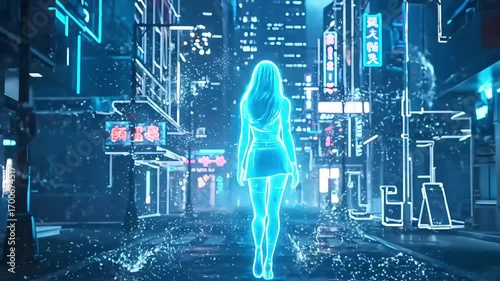 A video of a lonely woman walking alone through the night streets of a future cyberpunk city, being atomized into particles.