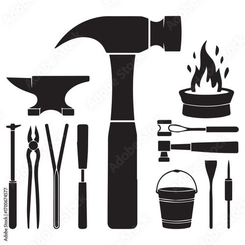 Collection of blacksmithing tools and equipment including hammer anvil forge fire bucket and various pliers and chisels