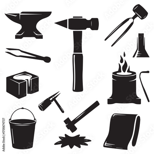 Collection of blacksmithing tools and equipment silhouettes including anvil hammer tongs forge and metal objects