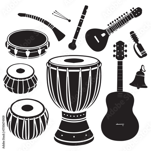 Collection of traditional indian musical instruments silhouette vector illustration featuring sitar tabla guitar and flutes