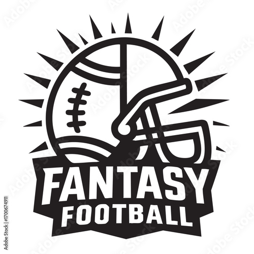 Bold black and white graphic illustration of a football helmet and ball with radiating sunburst and fantasy football text