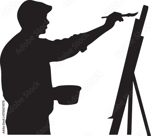 Silhouette of a male artist painting on an easel with a palette in hand brush
