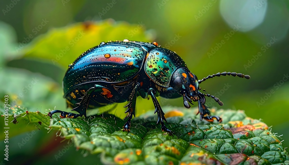 Naklejka premium Vibrant beetle on green leaf
