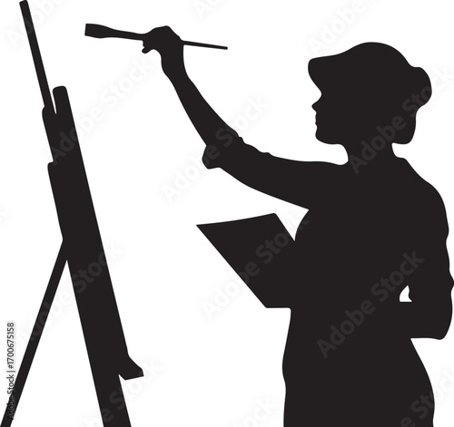 Silhouette of a female artist painting on an easel with a tablet in hand brush